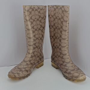 Coach Brand Pixy Women's 10 Brown All Over Logo Rubber Pull-On Tall Rain Boots